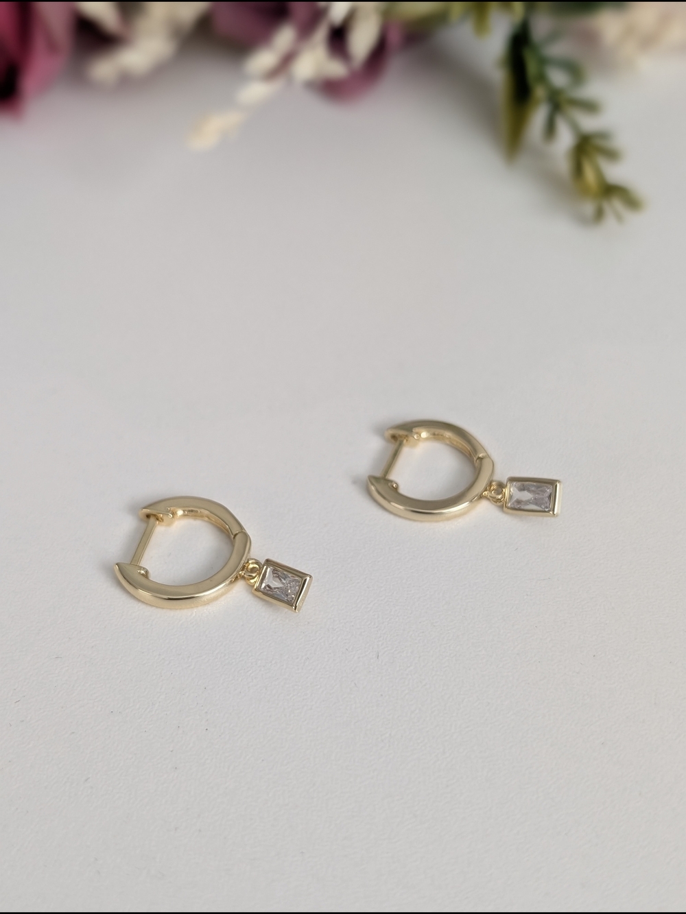 .925 Sterling Silver Gold Hoop Huggie Earrings with Clear Stone Drop